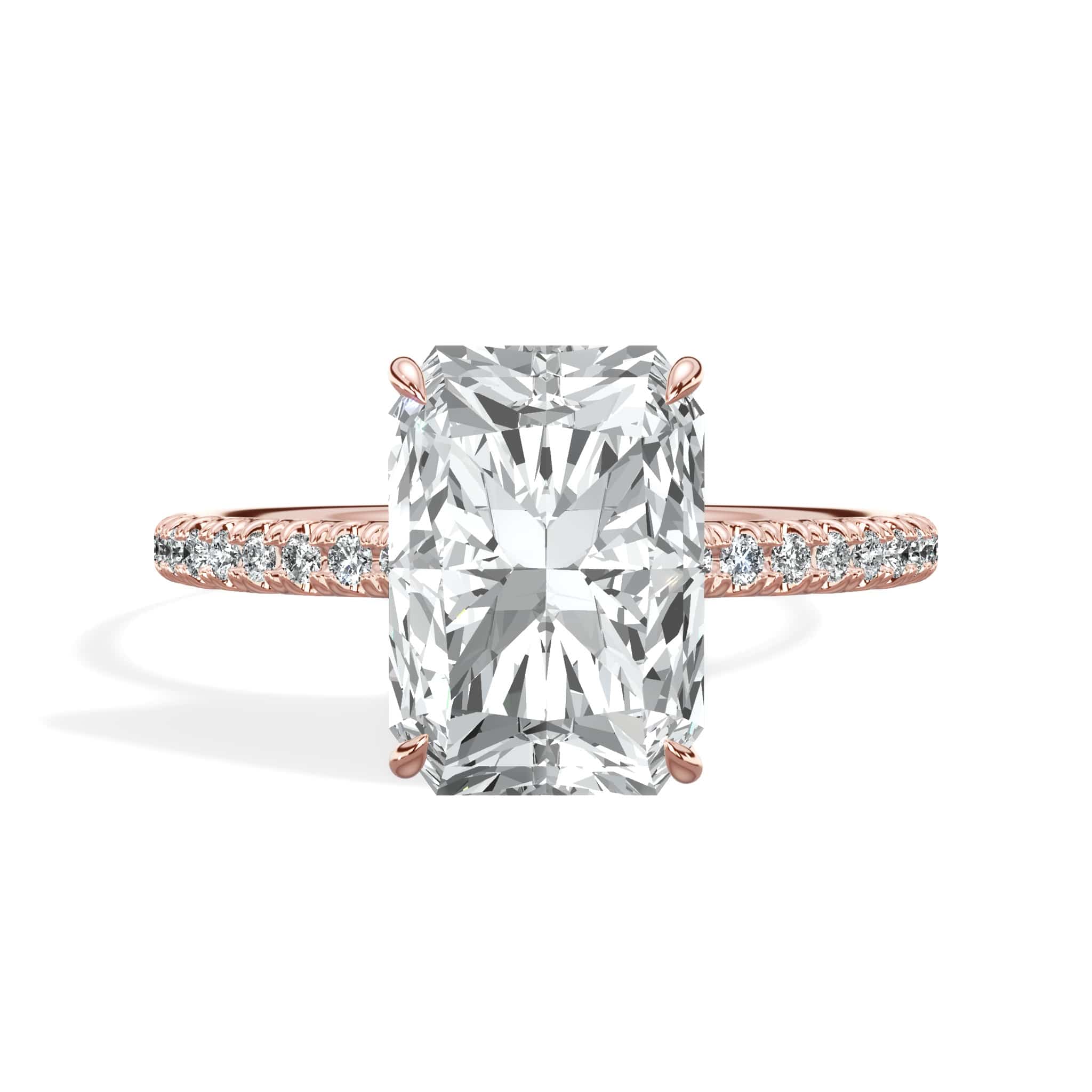 3.50 Carats Lab Grown Radiant Cut Micropaved Side Stones Hidden Halo Diamond Engagement Ring Rose Gold