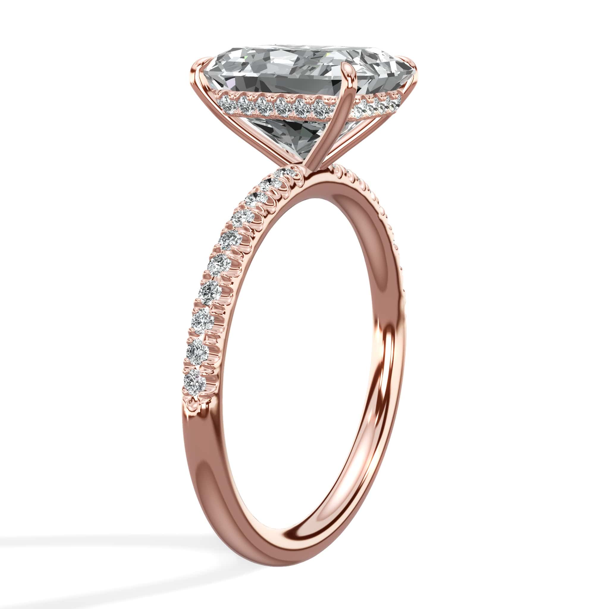 3.50 Carats Lab Grown Radiant Cut Micropaved Side Stones Hidden Halo Diamond Engagement Ring Rose Gold - Image 3