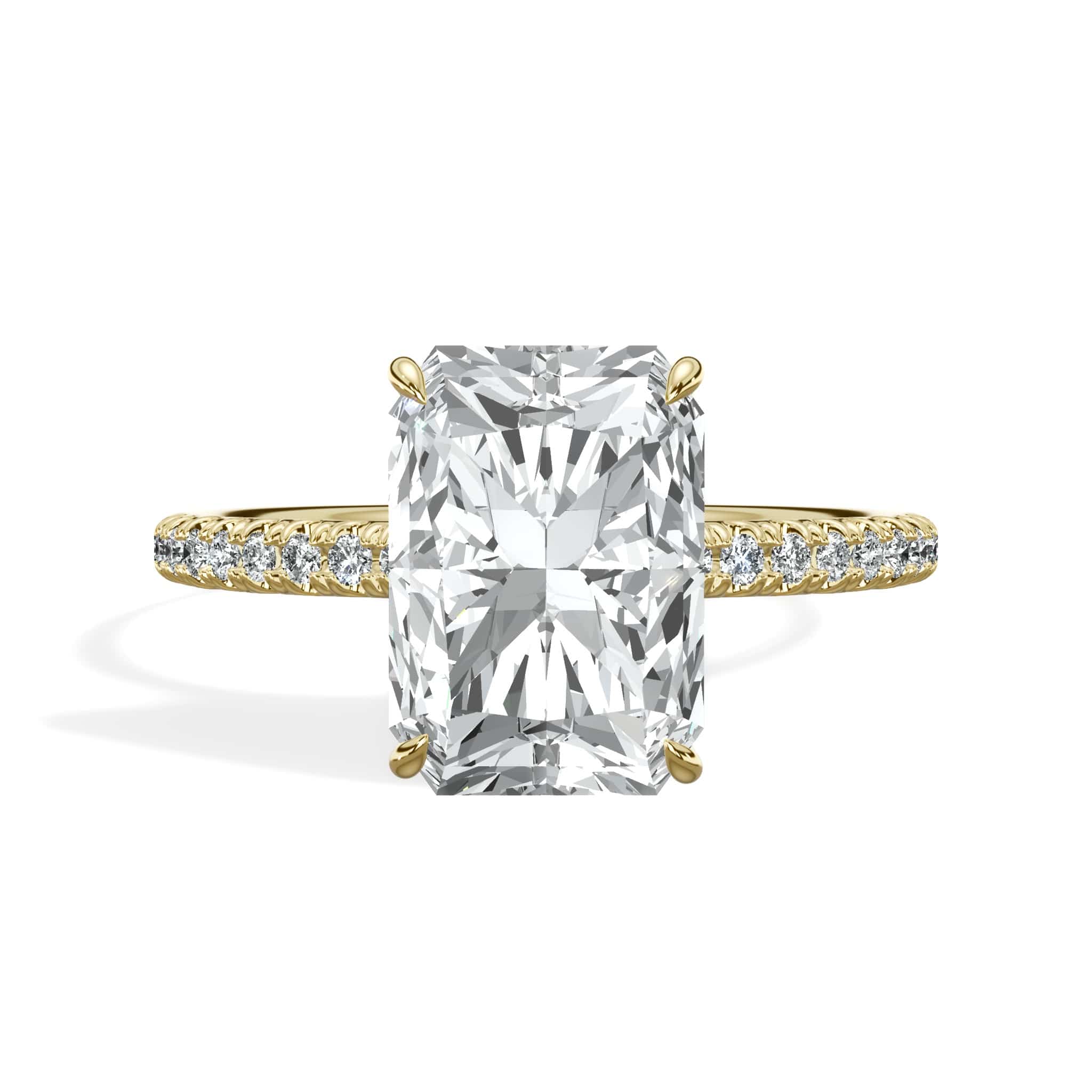 3.50 Carats Lab Grown Radiant Cut Micropaved Side Stones Hidden Halo Diamond Engagement Ring
