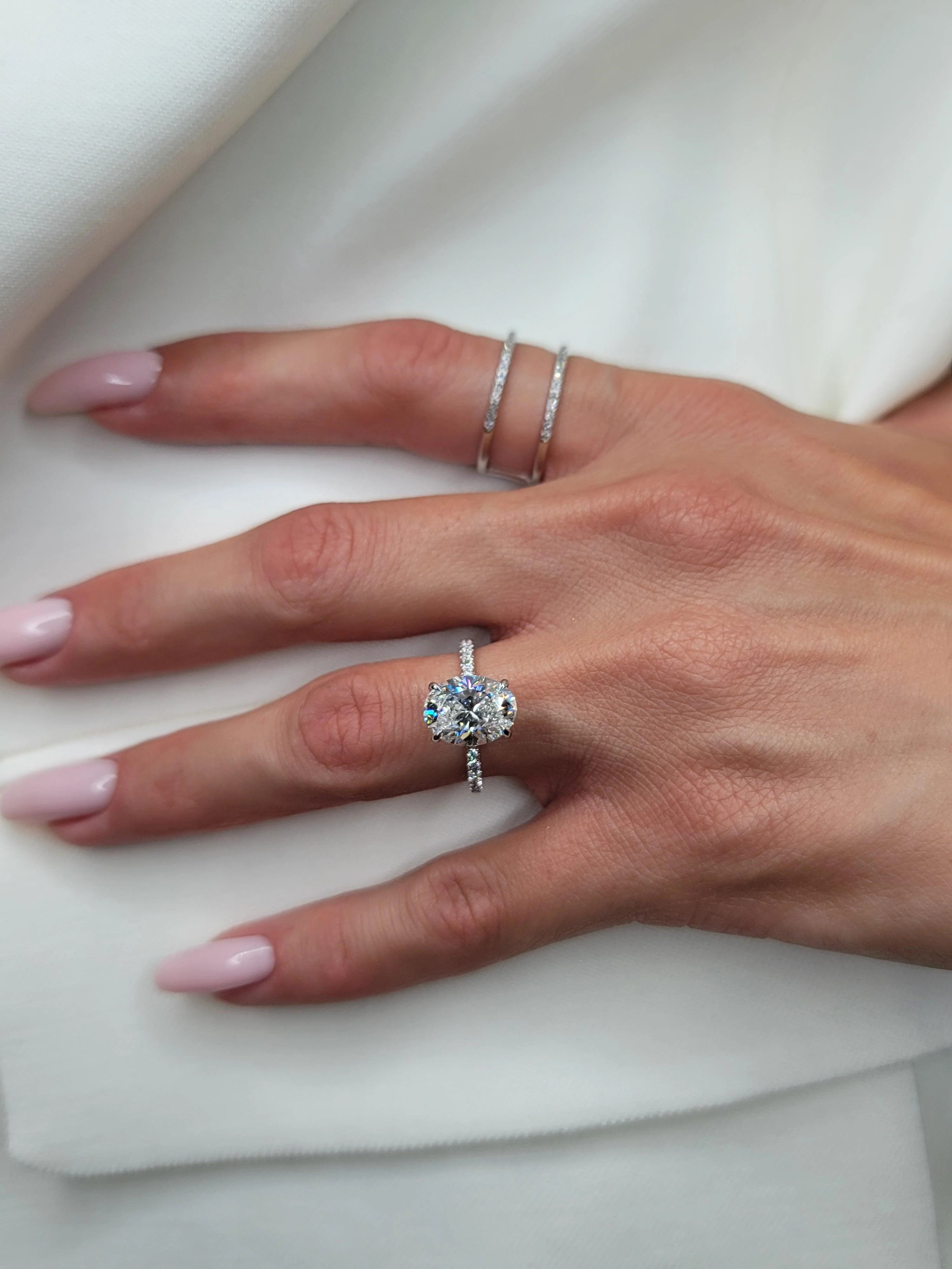 3.50 Carats Lab Grown Oval Cut Micropaved Side Stones Hidden Halo Diamond Engagement Ring - Image 3