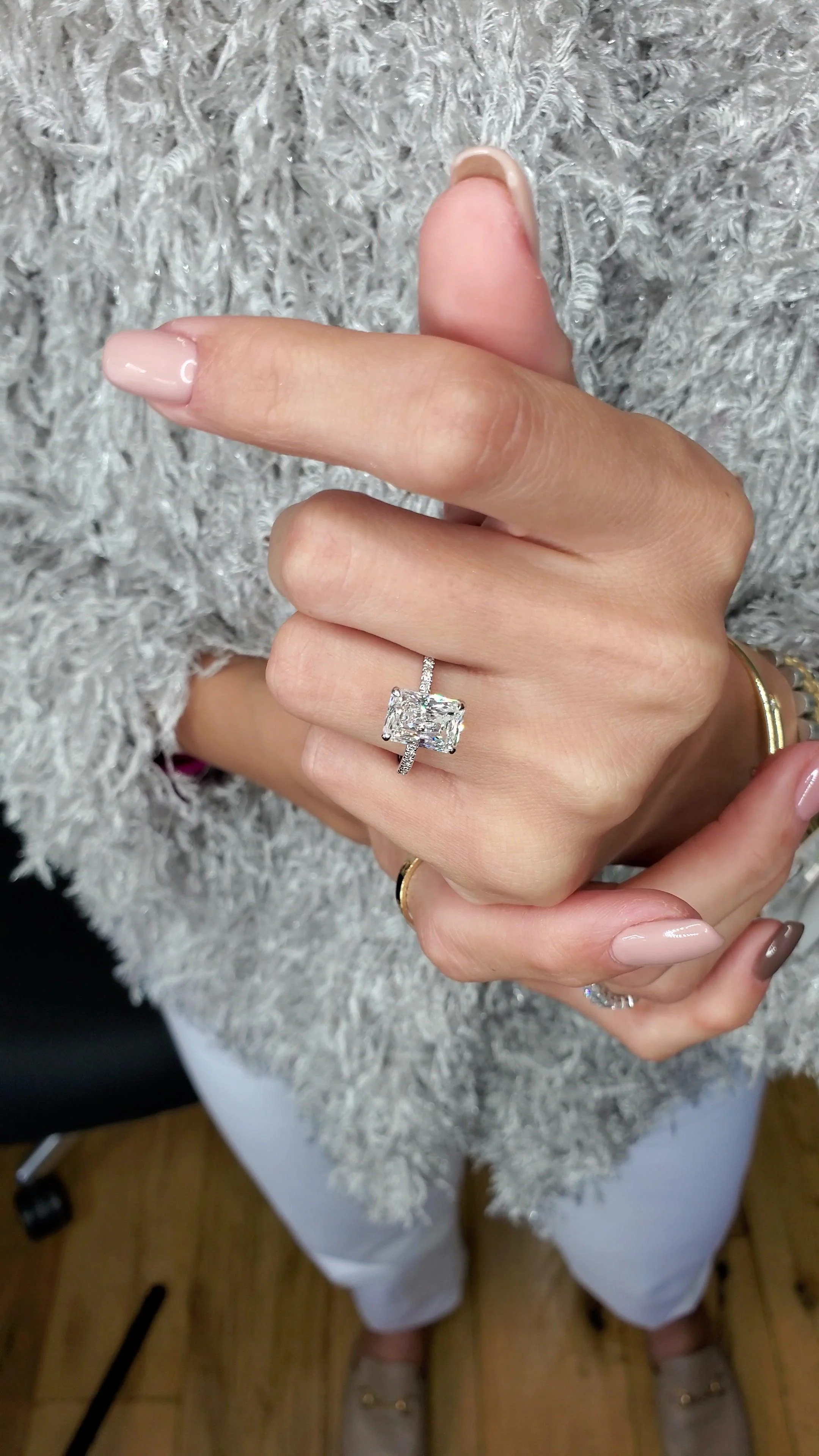 3.52 Carats Elongated Radiant Cut Micropaved Side Stones Hidden Halo Diamond Engagement Ring - Image 3