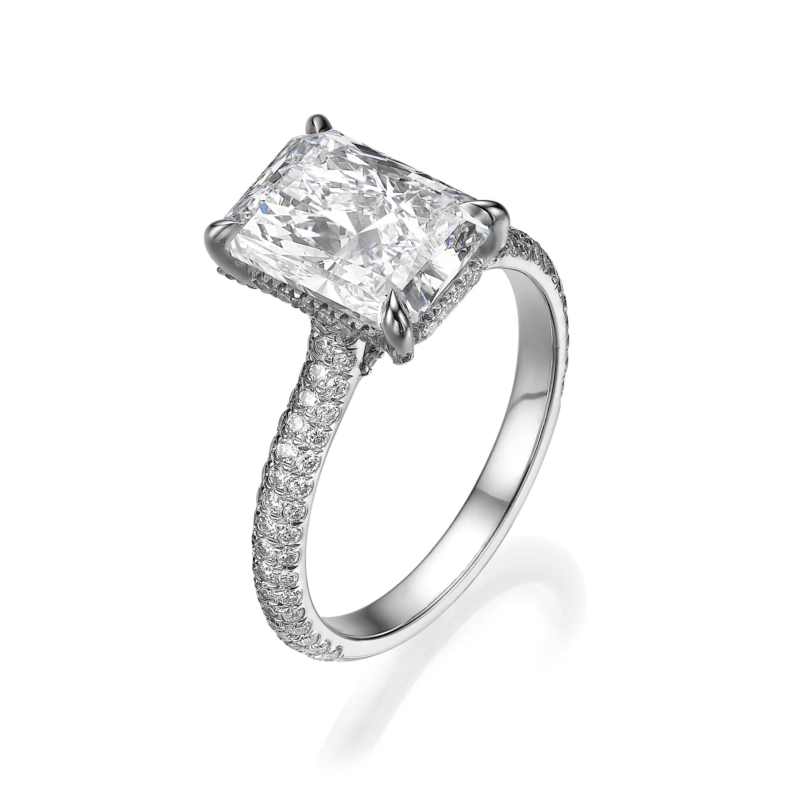 3.82 Carats Lab Grown Radiant Cut Micropaved Three Rows Hidden Halo Diamond Engagement Ring - Image 2