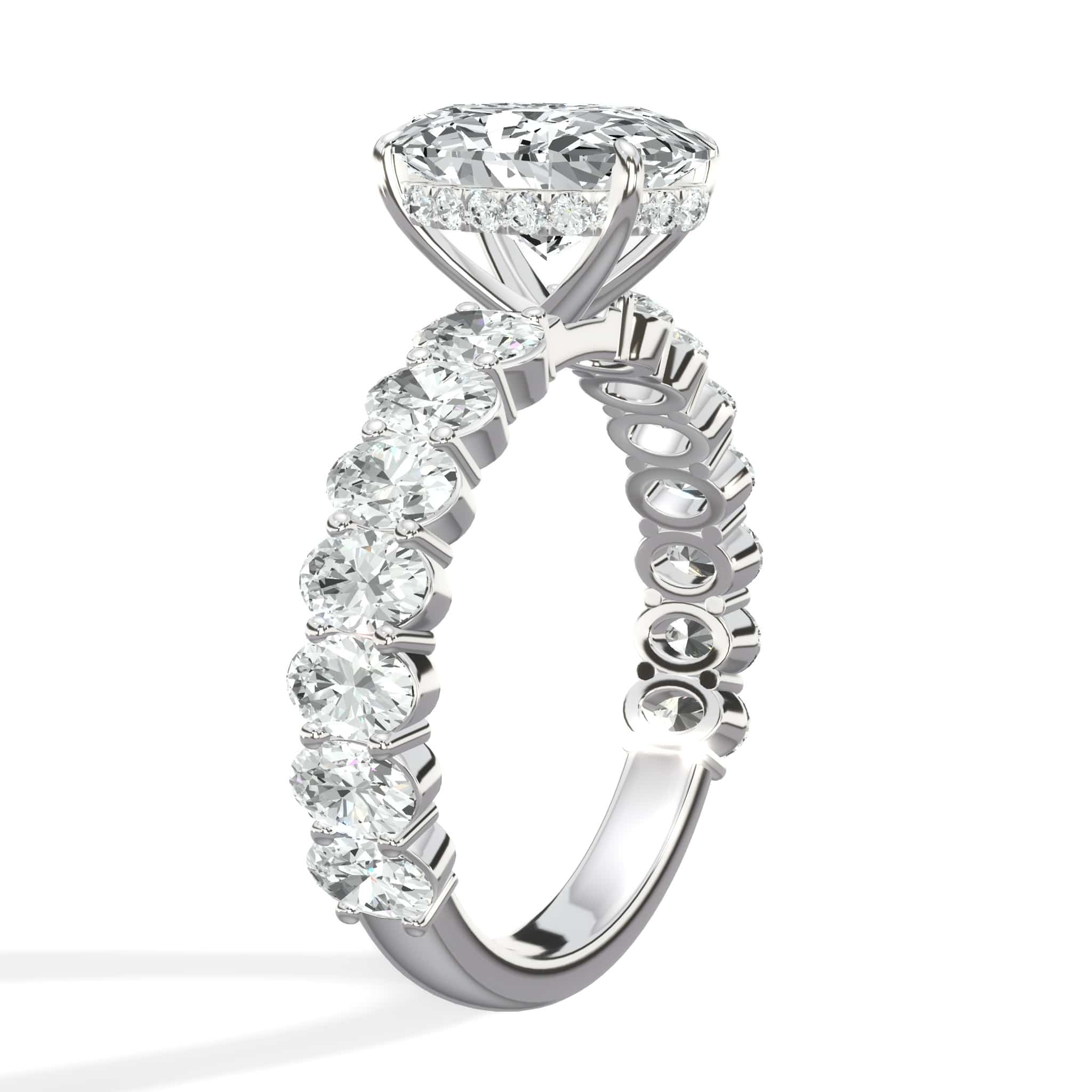 4 Carats Lab Grown Oval Cut with Oval Side Stones Hidden Halo Diamond Engagement Ring - Image 3
