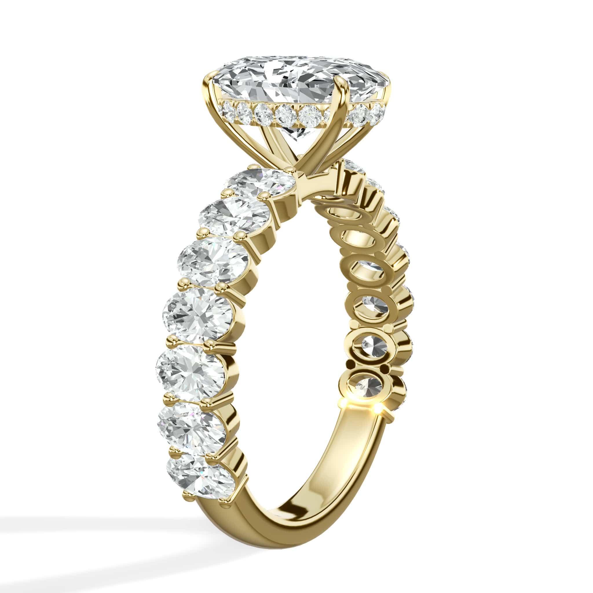 4 Carat Lab Grown Oval Cut with Oval Side Stones Hidden Halo Diamond Engagement Ring In Yellow Gold - Image 3
