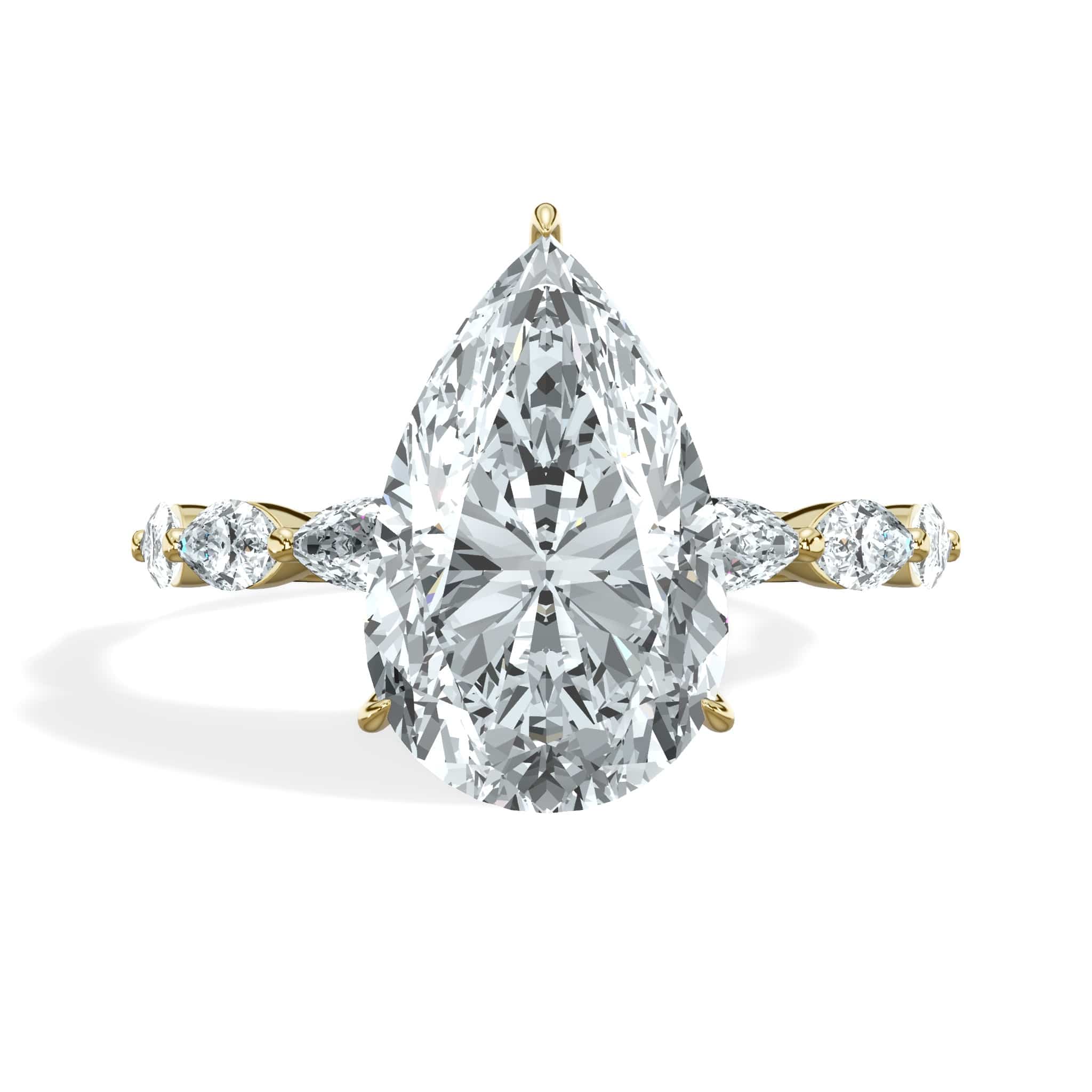 4.00 Carats Lab Grown Pear Shape with Marquise Side Stones Hidden Halo Diamond Engagement Ring Yellow Gold