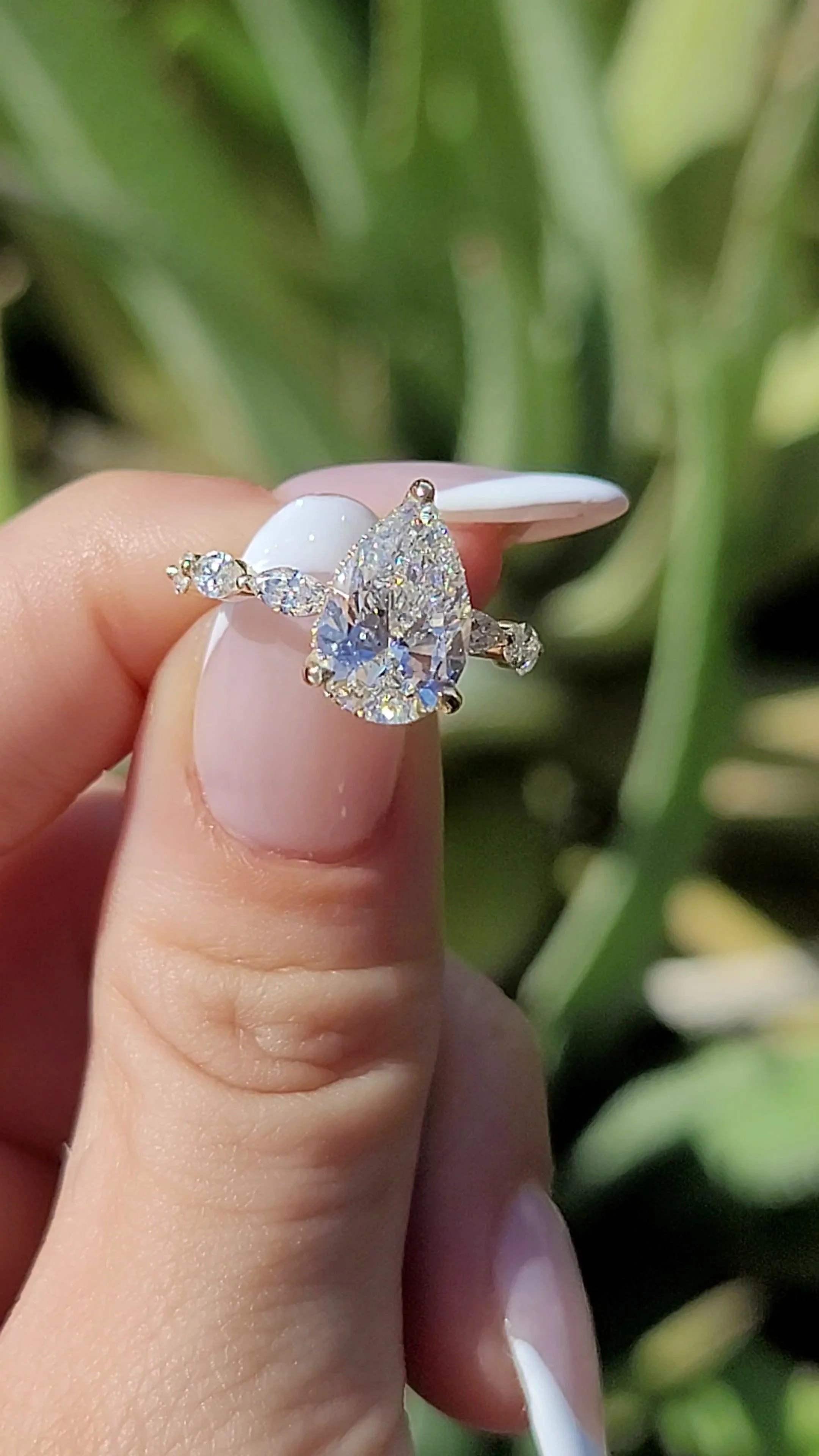 4.00 Carats Lab Grown Pear Shape with Marquise Side Stones Hidden Halo Diamond Engagement Ring Yellow Gold - Image 4