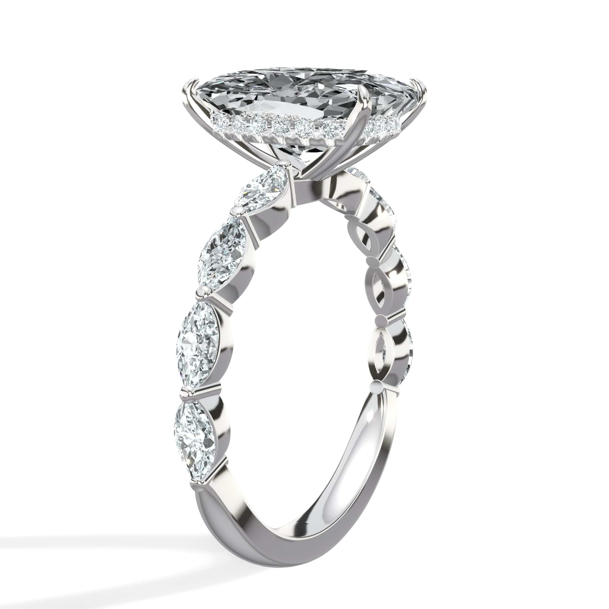 4.02 Carats Lab Grown Elongated Cushion Cut with Marquise Side Stones Hidden Halo Diamond Engagement Ring White Gold - Image 3