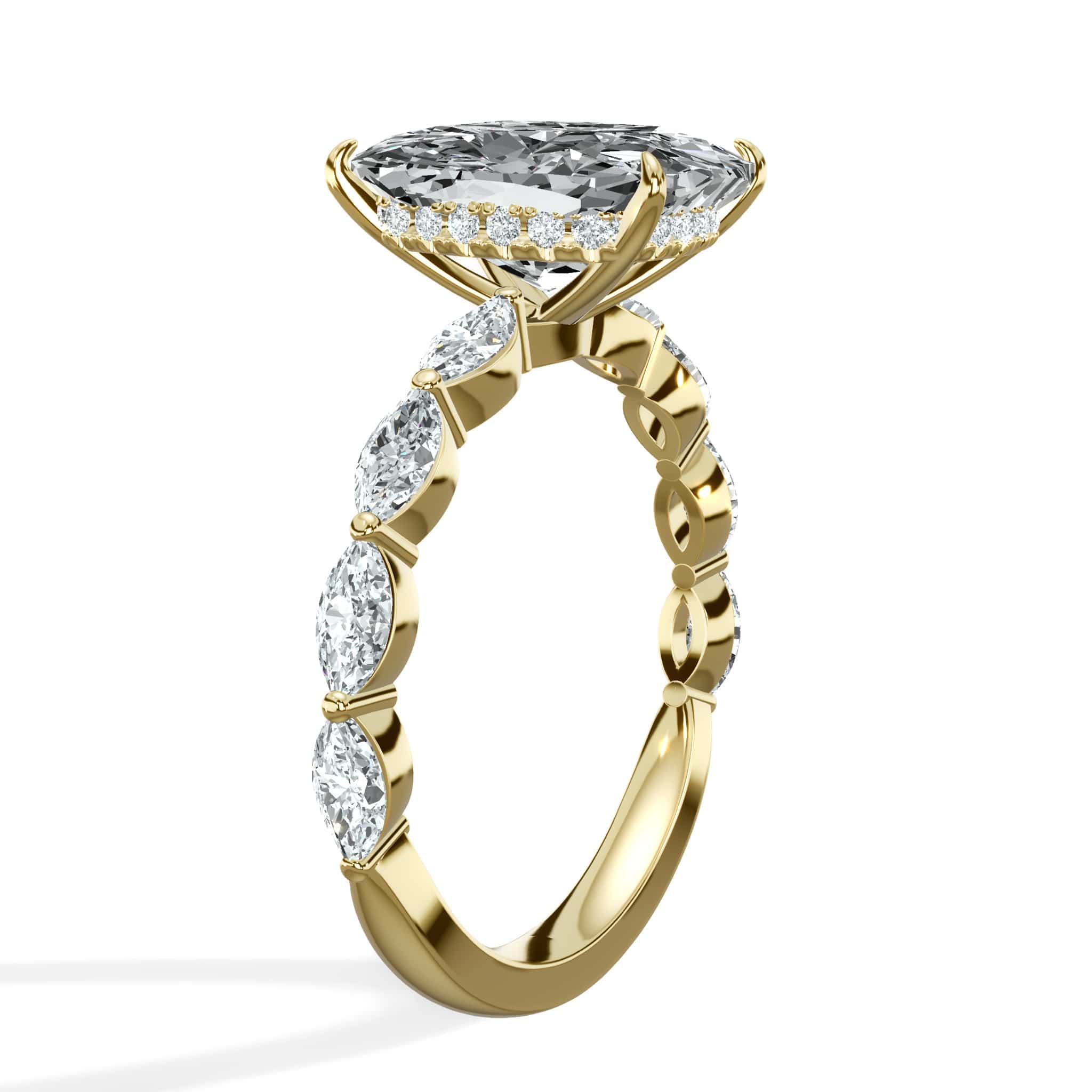 4.02 Carats Lab Grown Elongated Cushion Cut with Marquise Side Stones Hidden Halo Diamond Engagement Ring Yellow Gold - Image 3