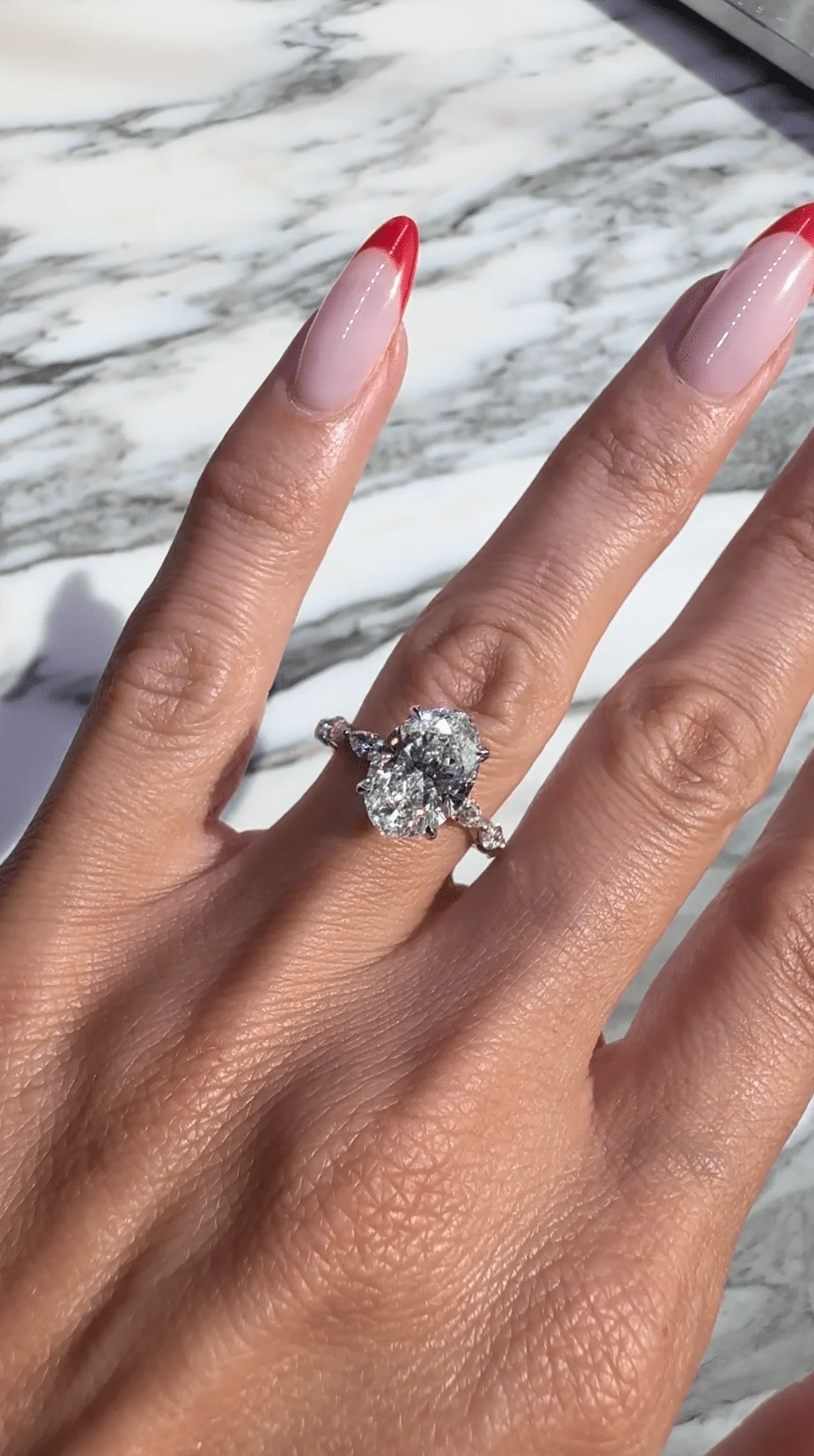 4.00 Carat Lab Grown Oval Shape with Marquise Side Stones Hidden Halo Diamond Engagement Ring - Image 2