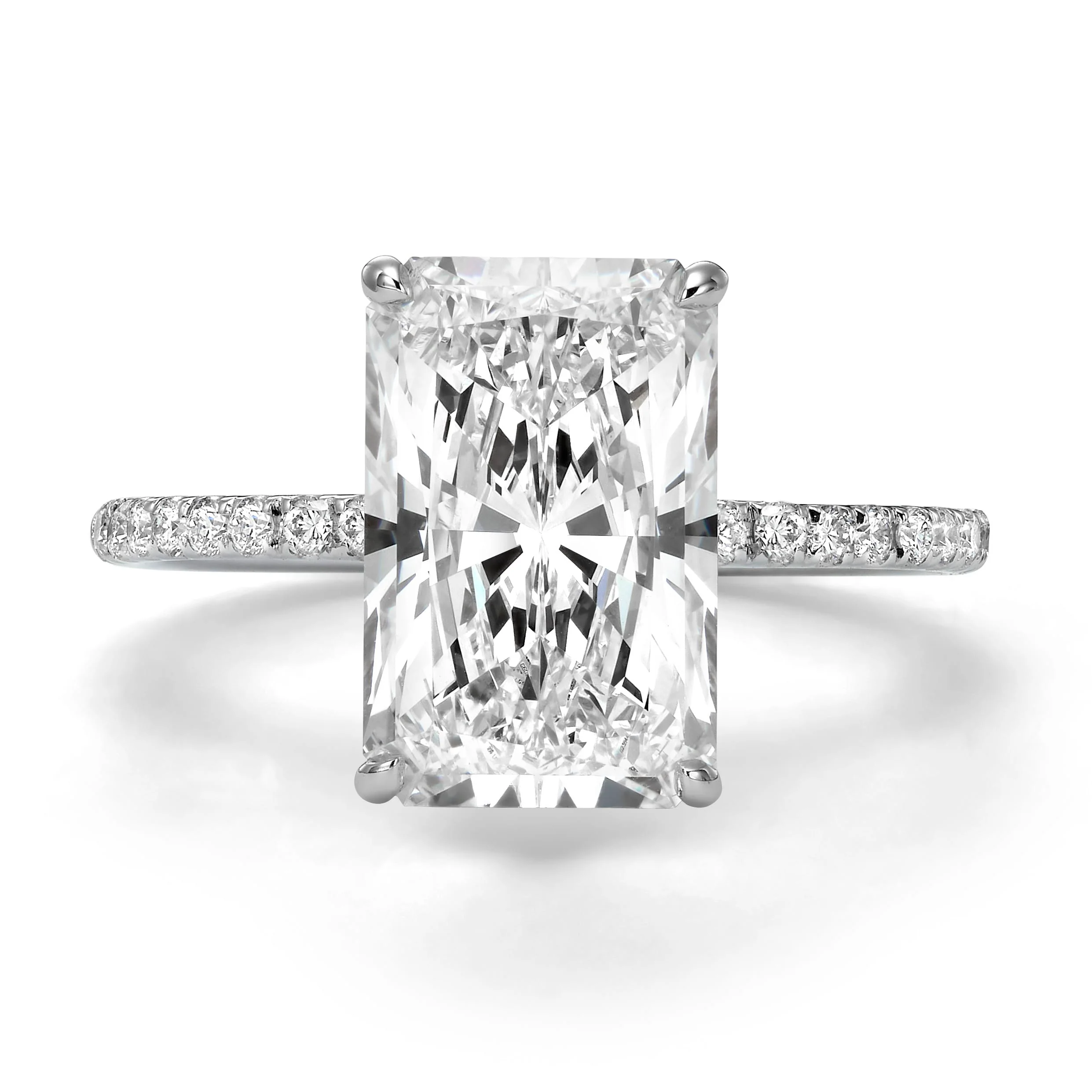 4.50 Carats Lab Grown Super Elongated Radiant Cut Micropaved Side Stones Hidden Halo Diamond Engagement Ring