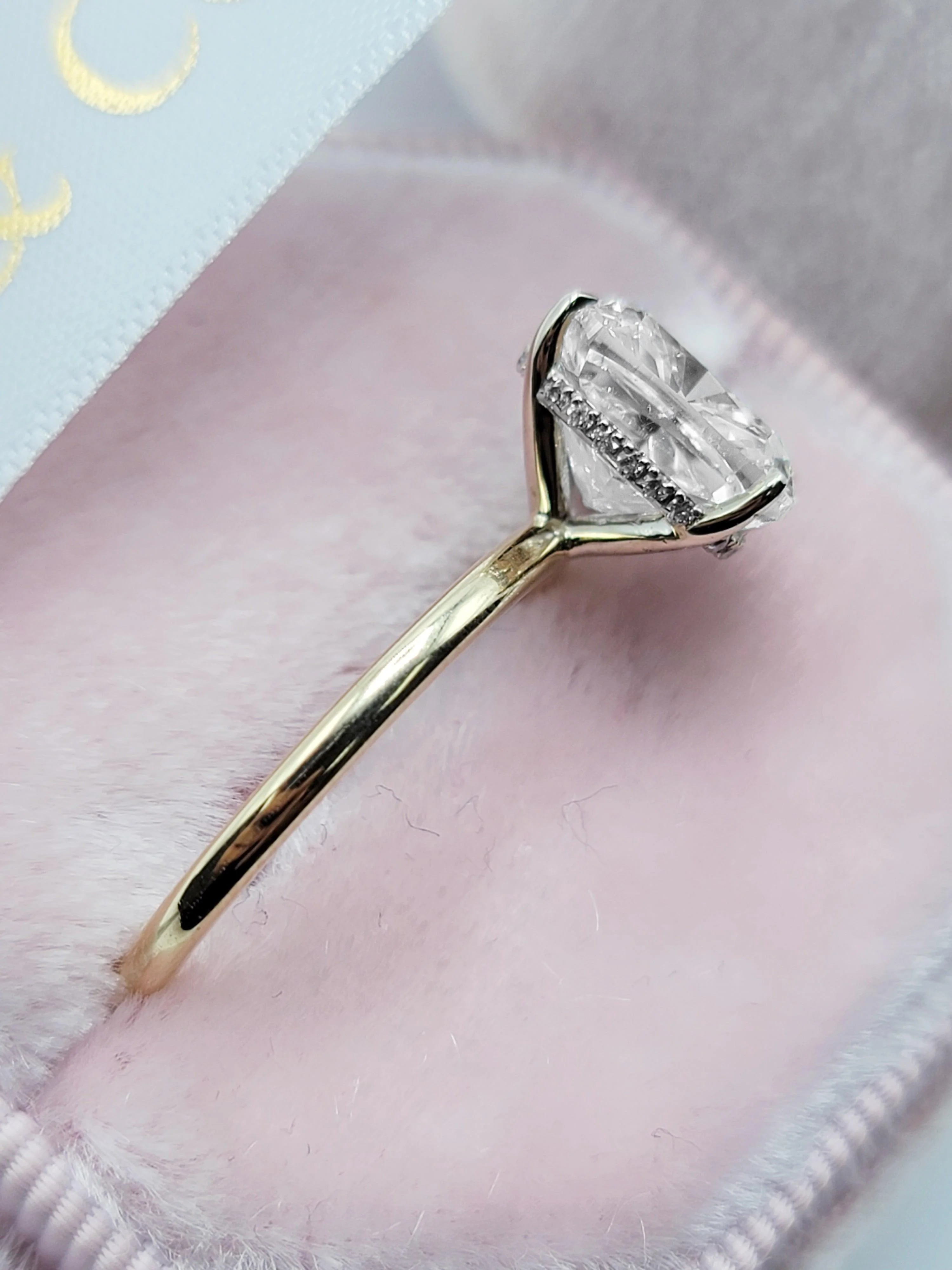 5.20 Carats Lab Grown Cushion Cut Solitaire Hidden Halo Diamond Engagement Ring 14K Yellow Gold - Image 3