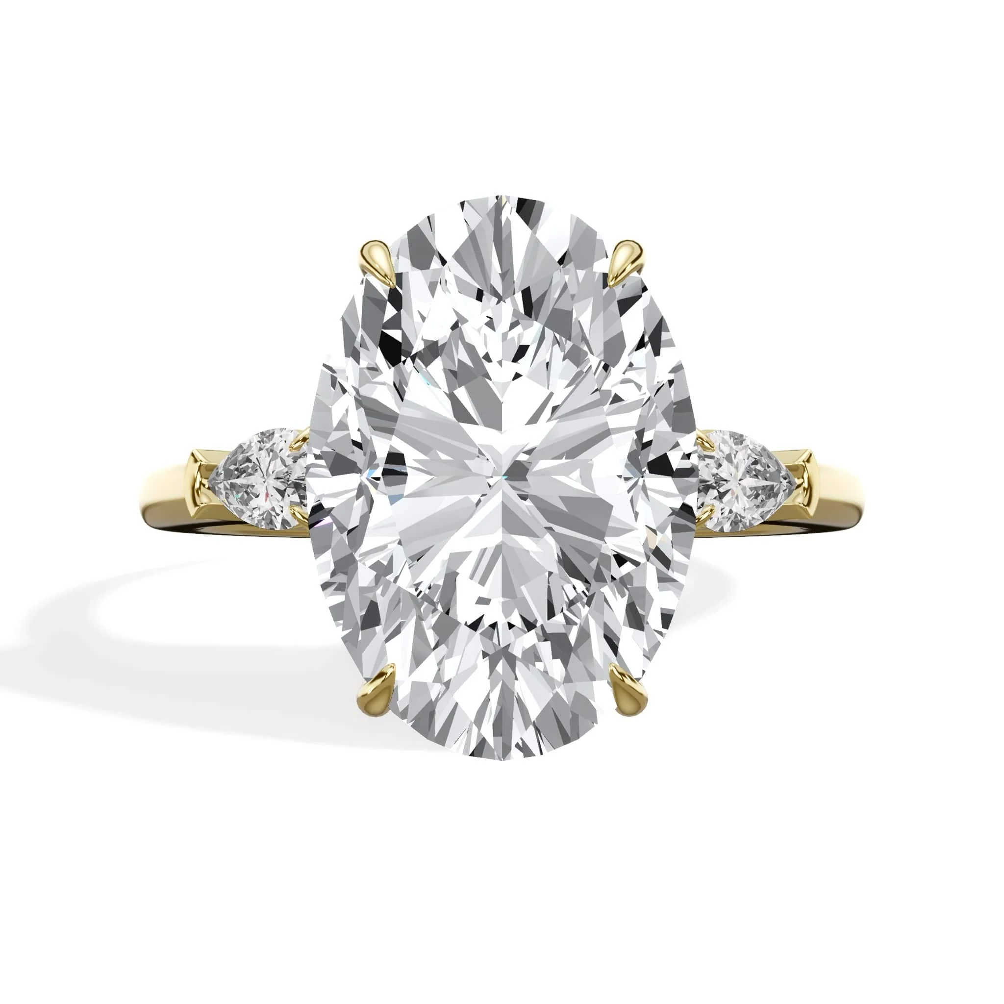 5.36 Carats Lab Grown Oval Cut with Pear Shape Side Stones Diamond Engagement Ring in Yellow Gold