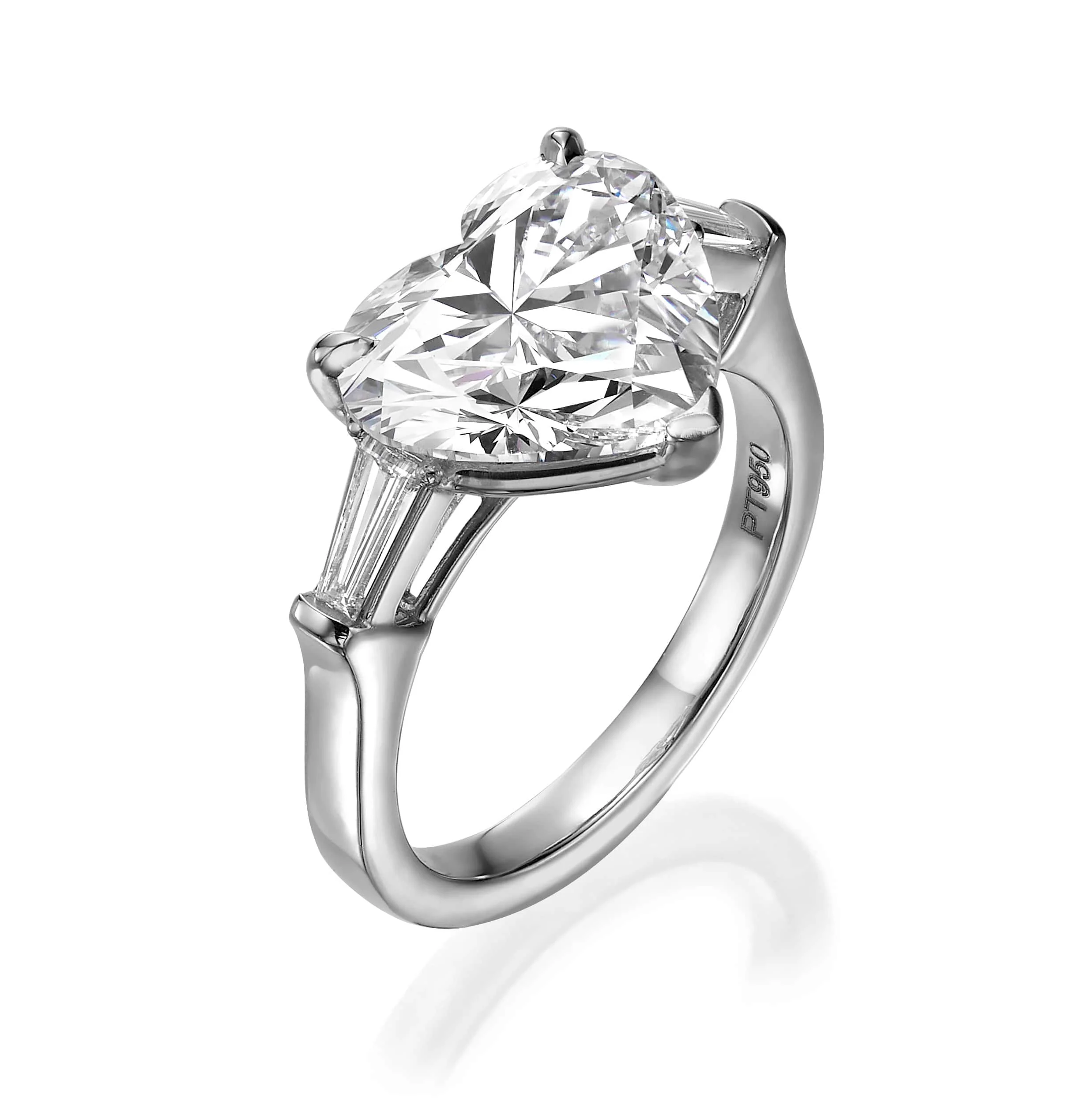 5.37 Carats Lab Grown Heart Shaped with Tapered Baguette Three Stone Diamond Engagement Ring - Image 2