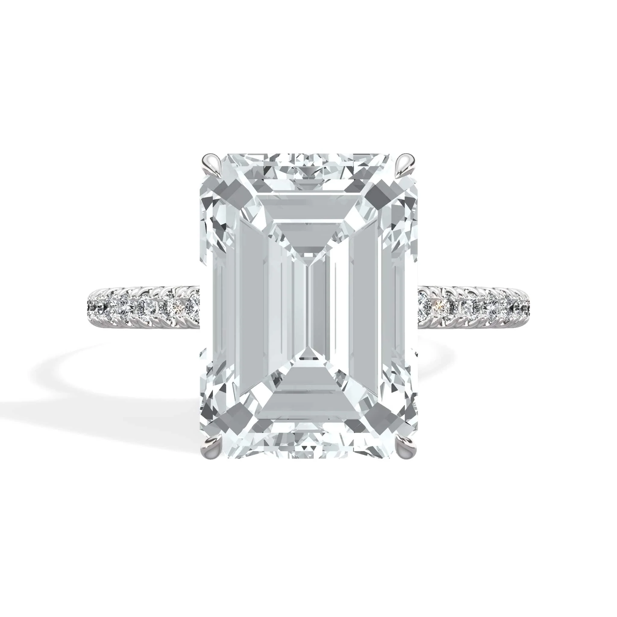 5.50 Carats Lab Grown Emerald Cut Micropaved Side Stones Hidden Halo Diamond Engagement Ring