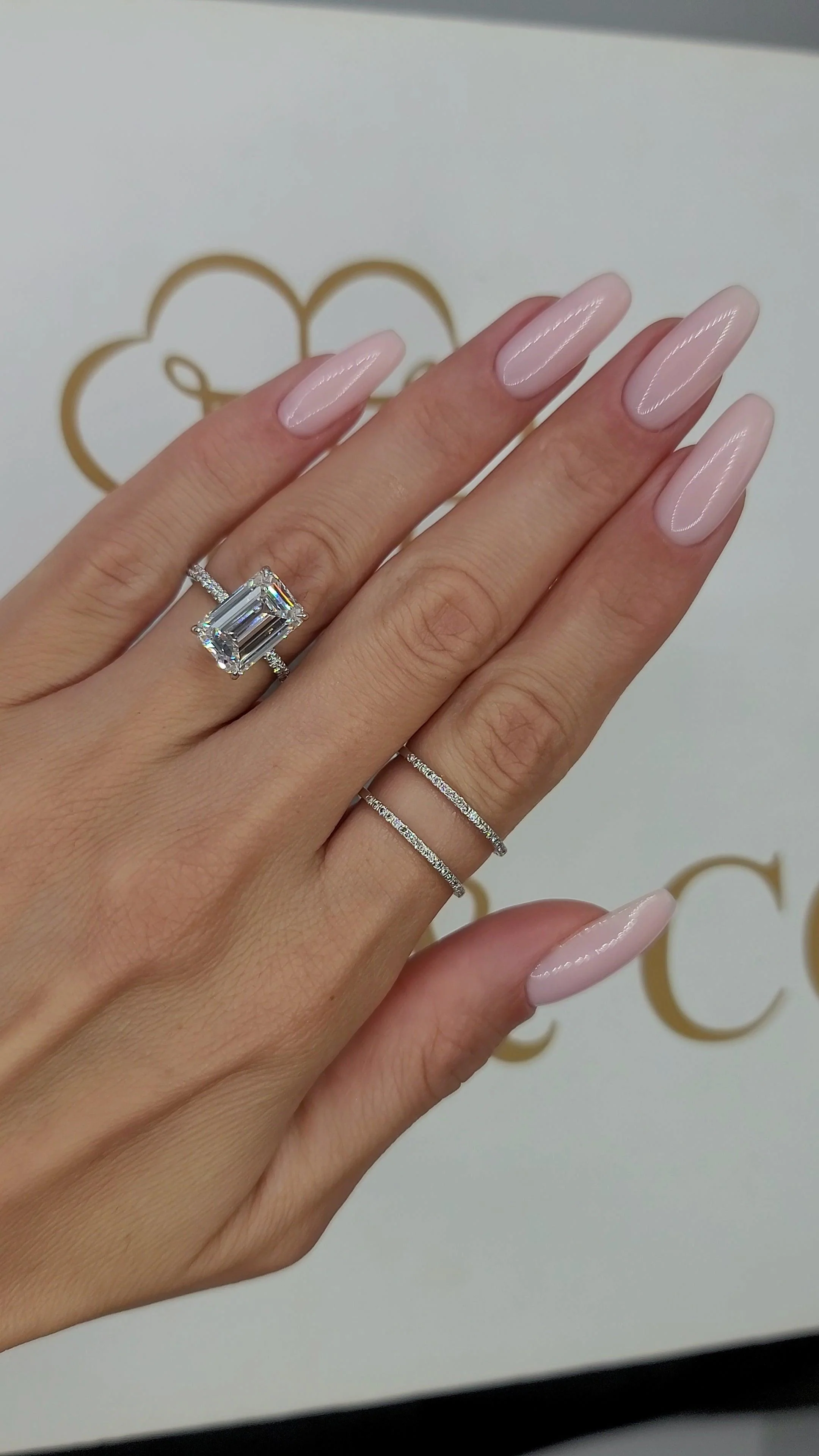 5.50 Carats Lab Grown Emerald Cut Micropaved Side Stones Hidden Halo Diamond Engagement Ring - Image 2
