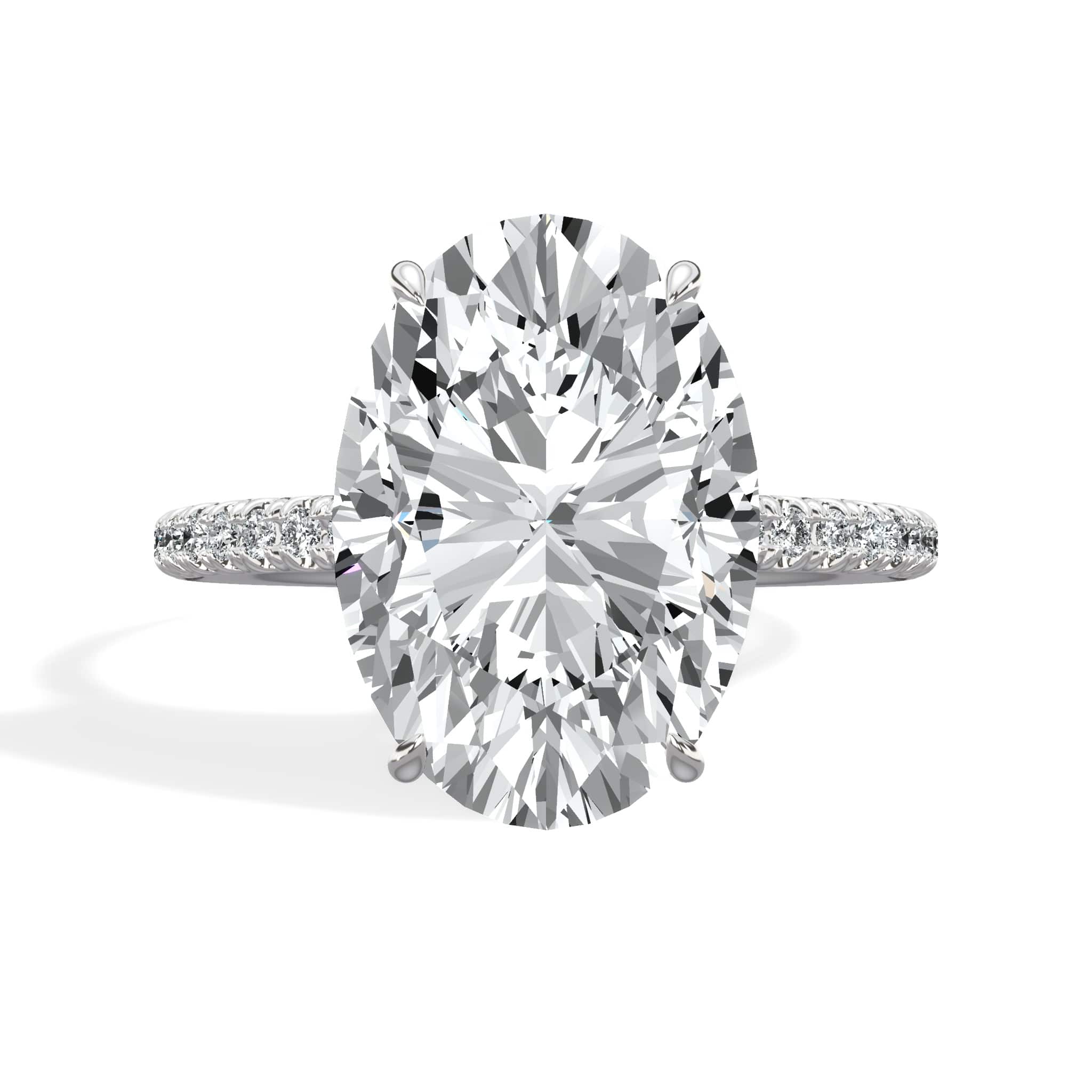 5.50 Carats Lab Grown Oval Cut Micropaved Side Stones Hidden Halo Diamond Engagement Ring White Gold