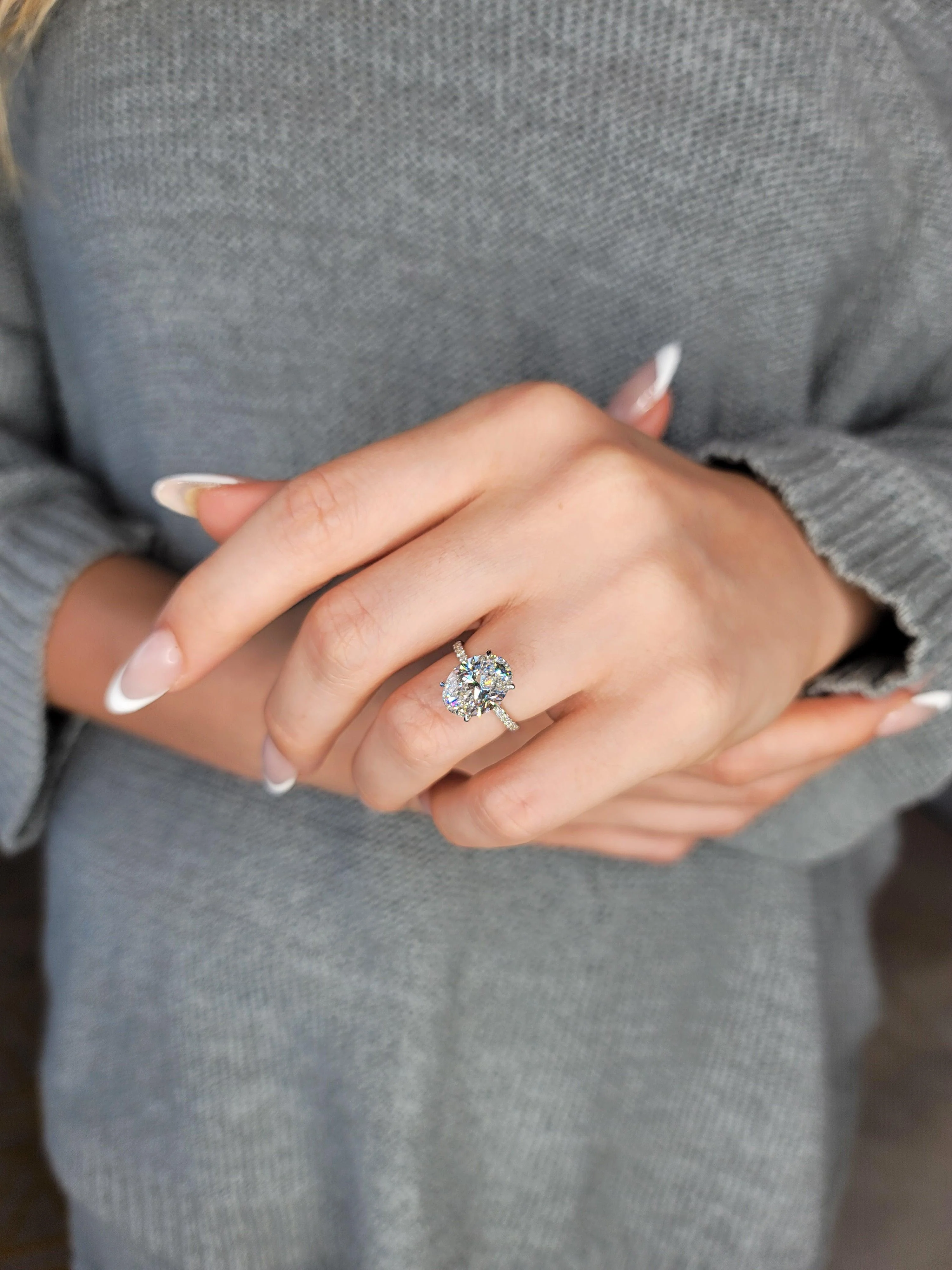 5.50 Carats Lab Grown Oval Cut Micropaved Side Stones Hidden Halo Diamond Engagement Ring White Gold - Image 2