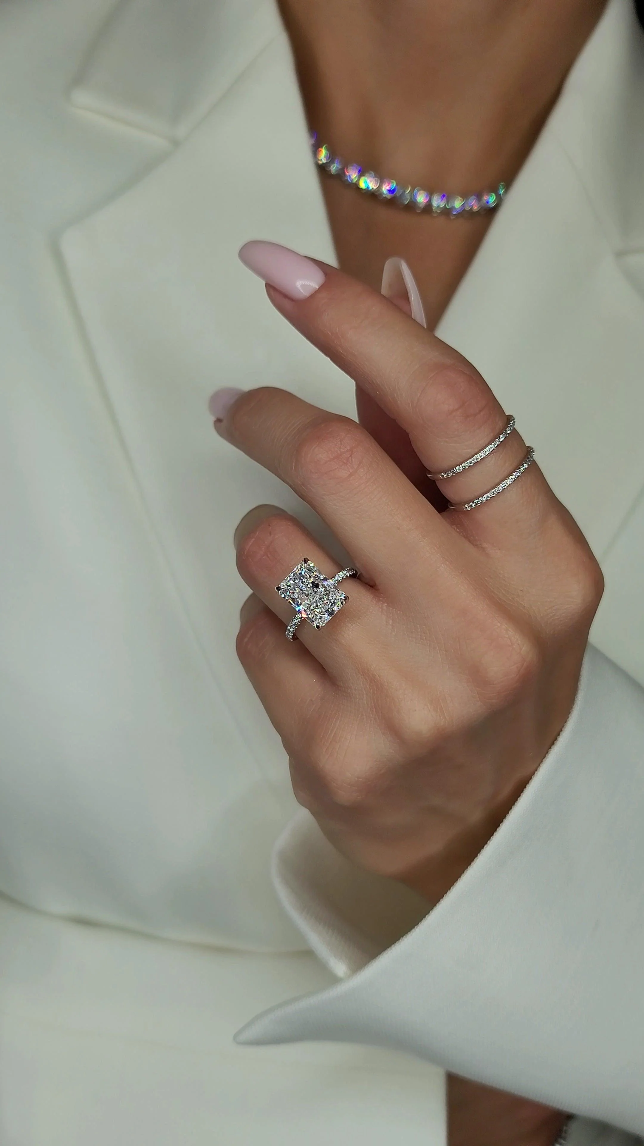 5.50 Carats Lab Grown Radiant Cut Micropaved Side Stones Hidden Halo Diamond Engagement Ring - Image 4
