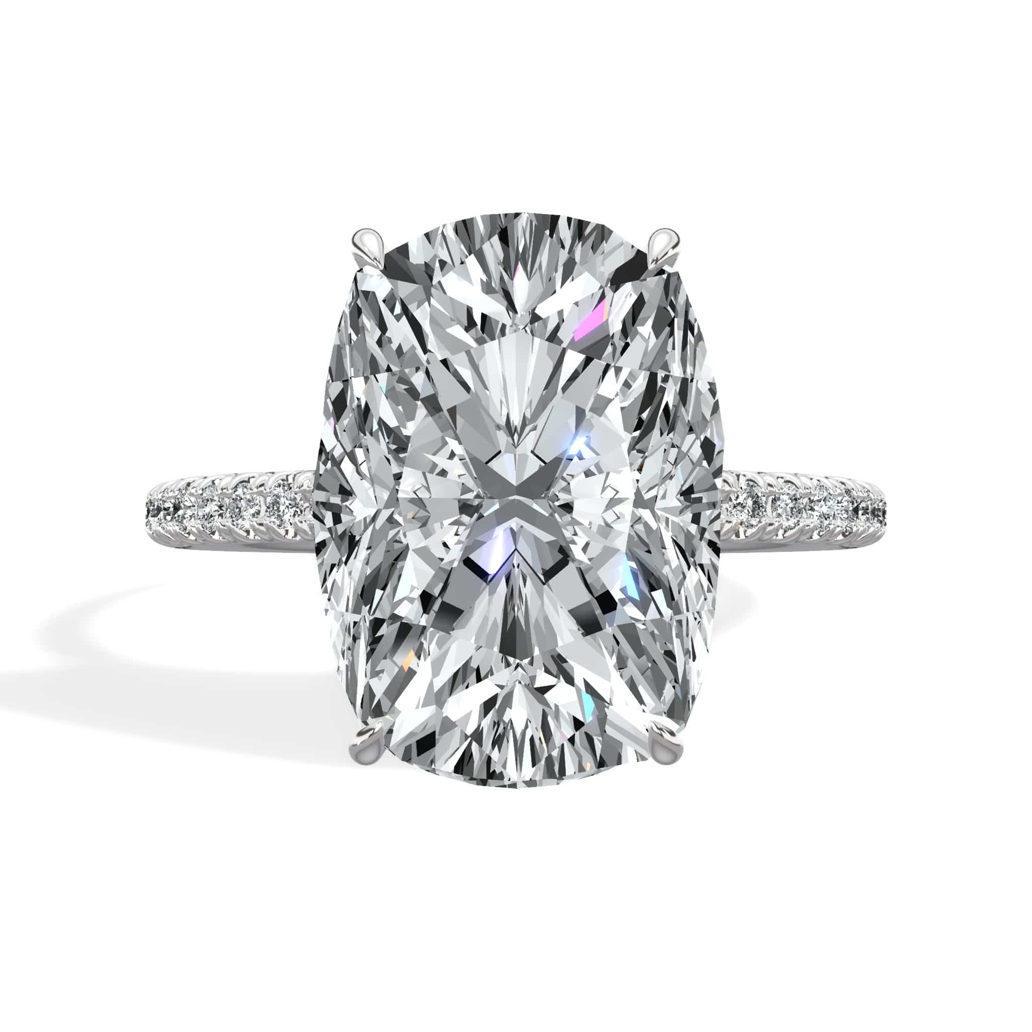 5.50 Carats Lab Grown Elongated Cushion Cut Micropaved Side Stones Hidden Halo Diamond Engagement Ring