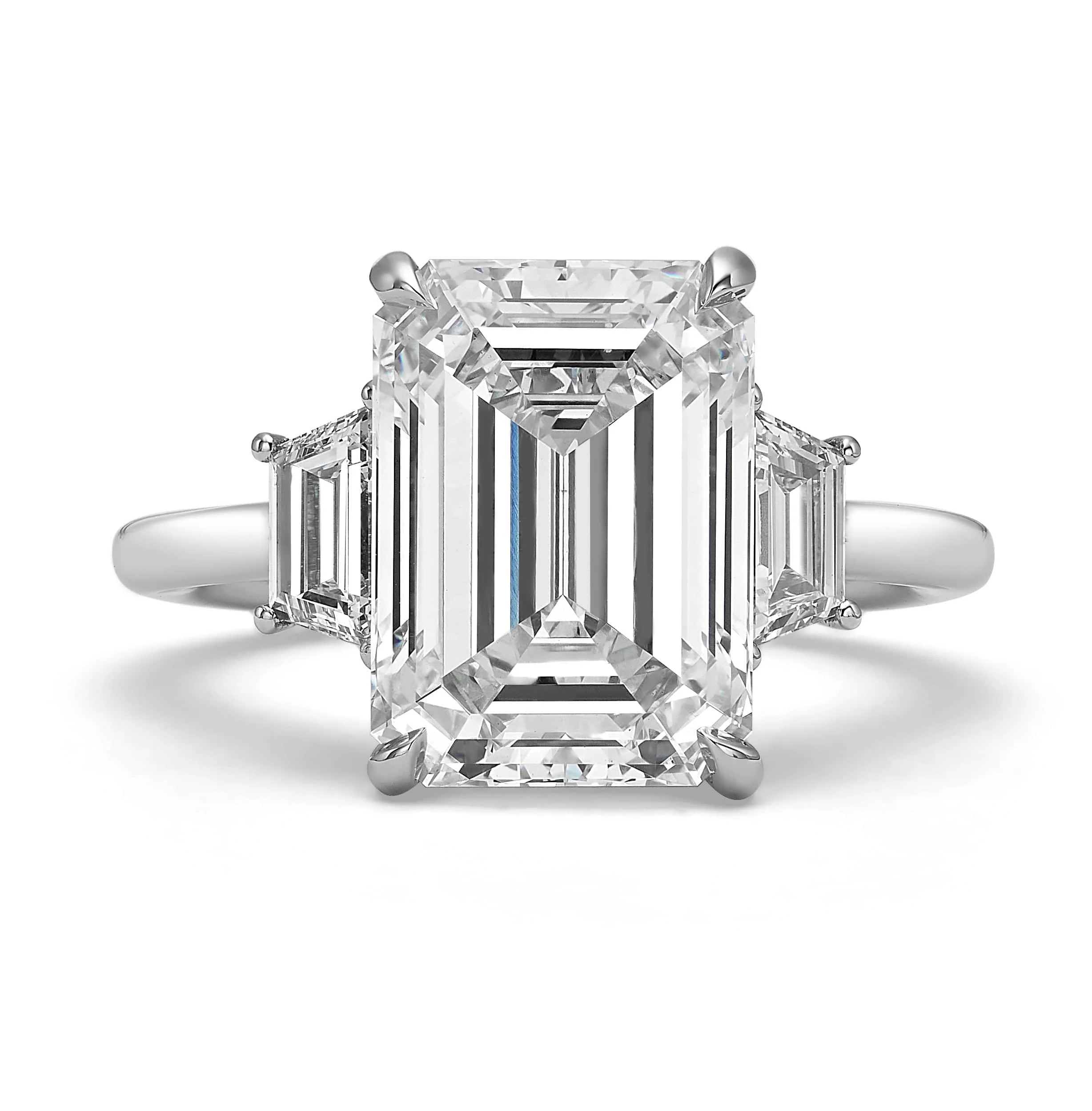 5.61 Carats Lab Grown Emerald Cut with Trapezoid Side Stones Diamond Engagement Ring