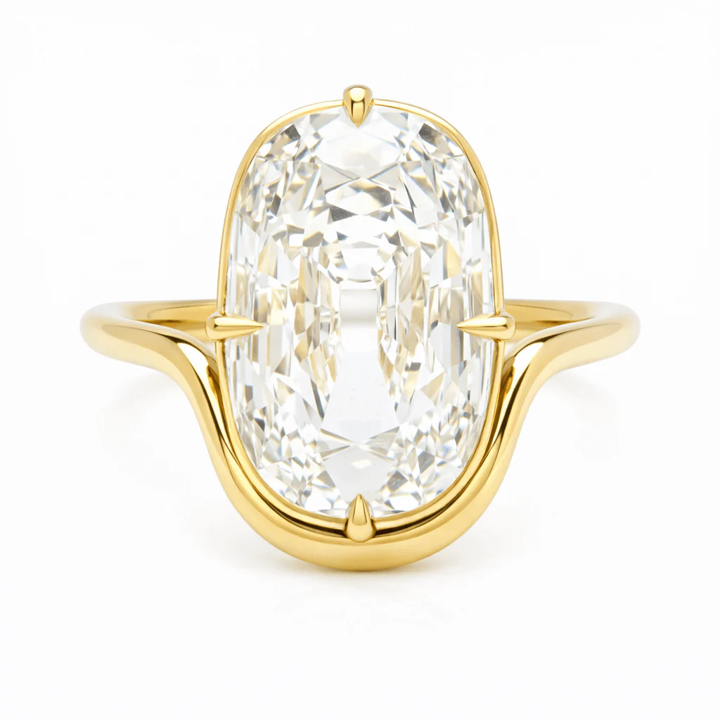 5 Carat Lab Grown Elongated Old Mine Cut Diamond Sinuous Solitaire Engagement Ring
