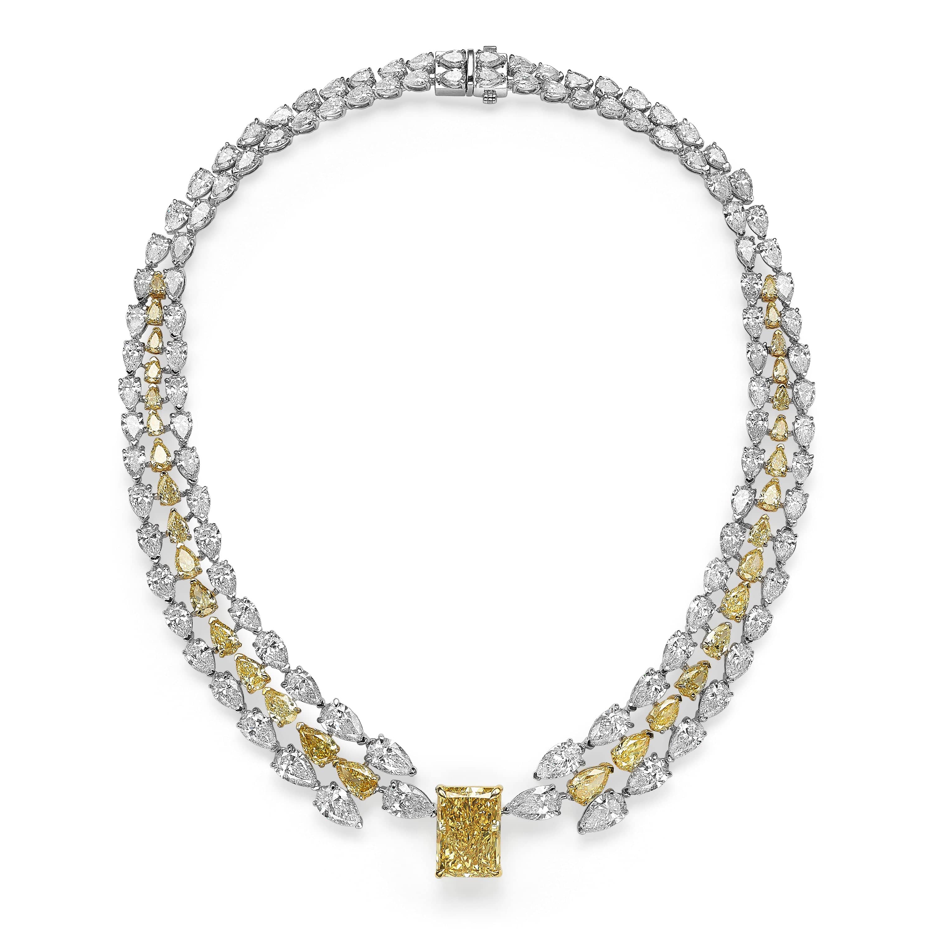 58.45 ct Fancy Vivid Yellow Radiant & Pear-Shaped Diamond Necklace in 14k Yellow & White Gold - Image 4