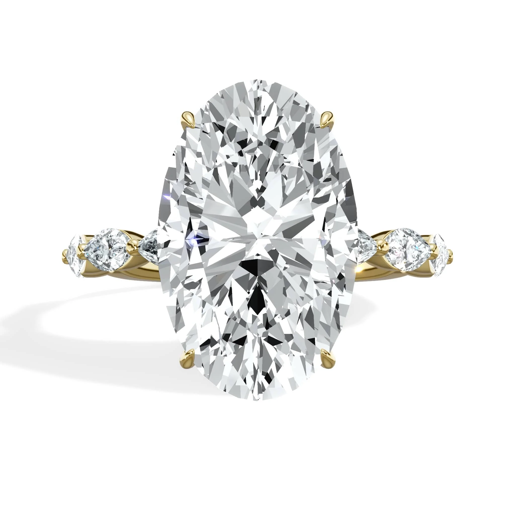 6.00 Carats Lab Grown Oval Shape with Marquise Side Stones Hidden Halo Diamond Engagement Ring Yellow Gold