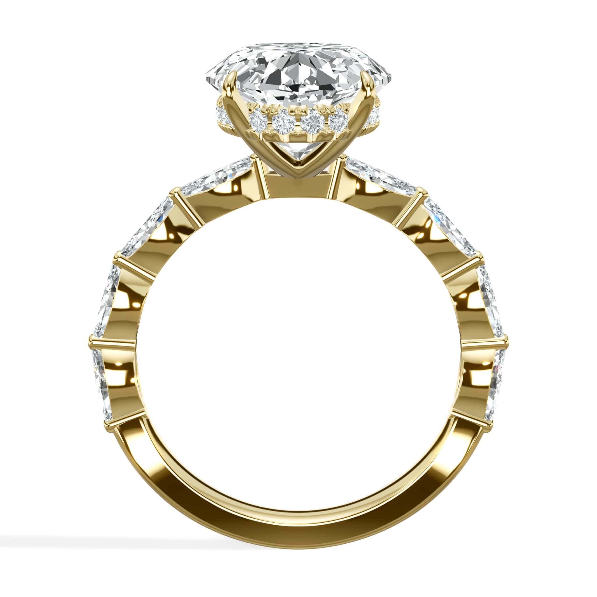 6.00 Carats Lab Grown Oval Shape with Marquise Side Stones Hidden Halo Diamond Engagement Ring Yellow Gold - Image 2