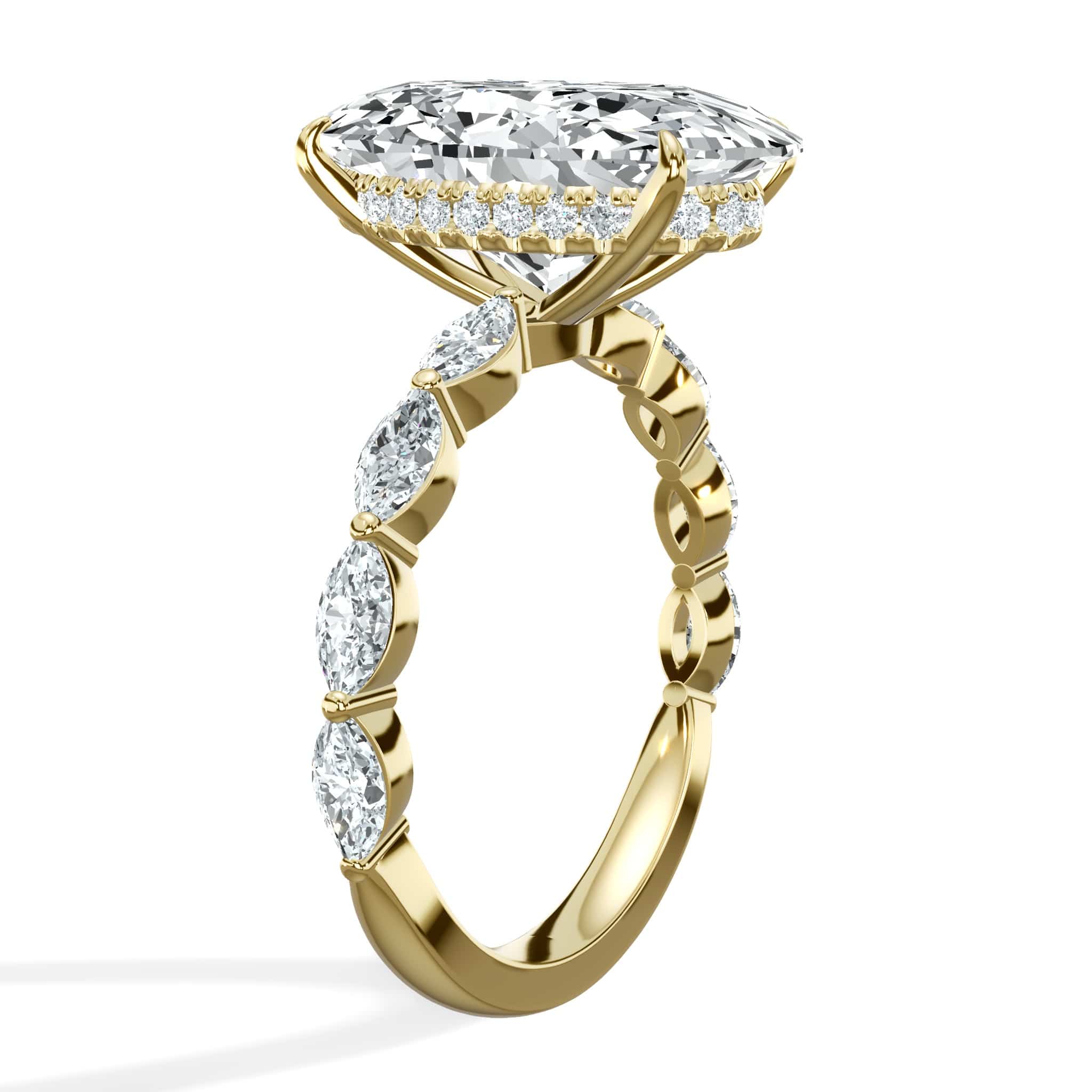 6.00 Carats Lab Grown Oval Shape with Marquise Side Stones Hidden Halo Diamond Engagement Ring Yellow Gold - Image 3