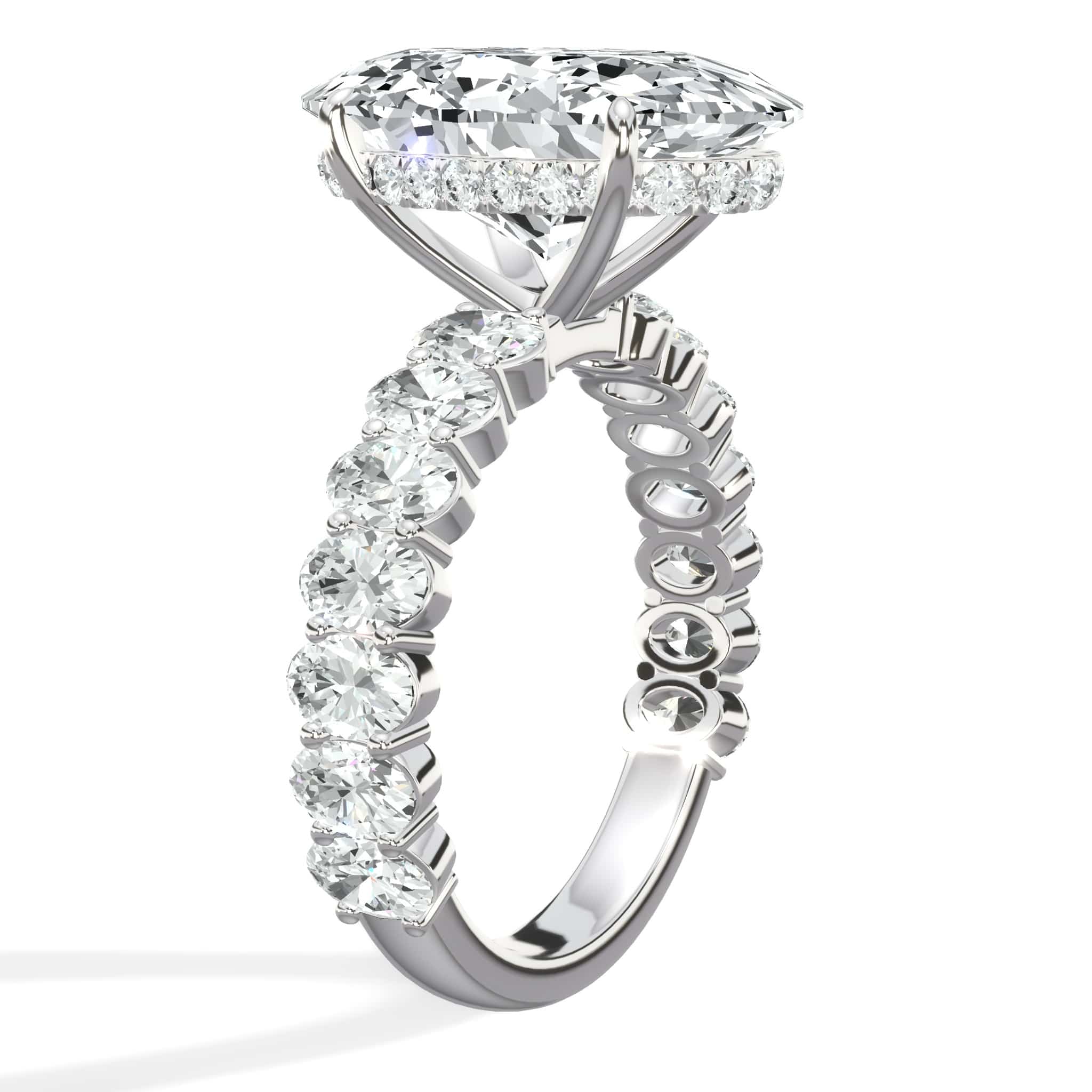 7 Carats Lab Grown Oval Cut with Oval Side Stones Hidden Halo Diamond Engagement Ring In White Gold - Image 3