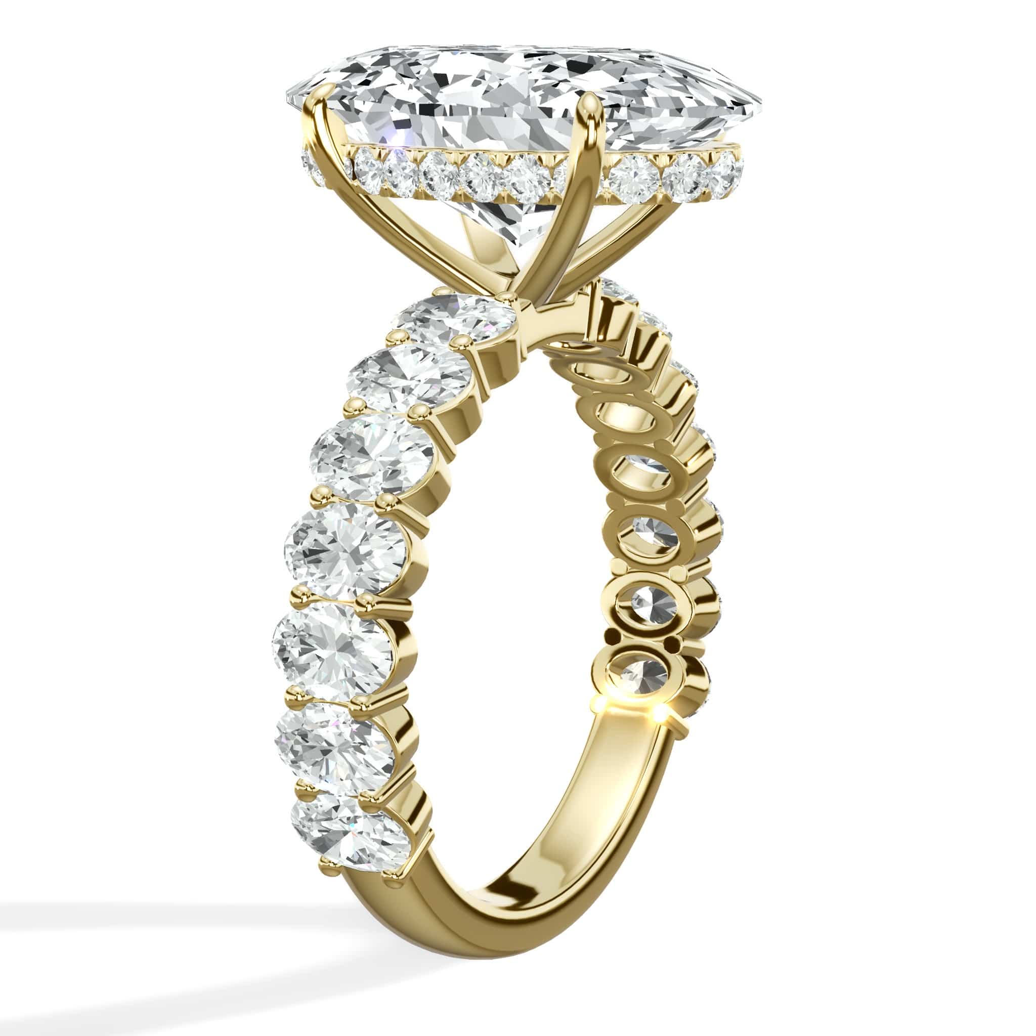 7 Carats Lab Grown Oval Cut with Oval Side Stones Hidden Halo Diamond Engagement Ring In Yellow Gold - Image 2