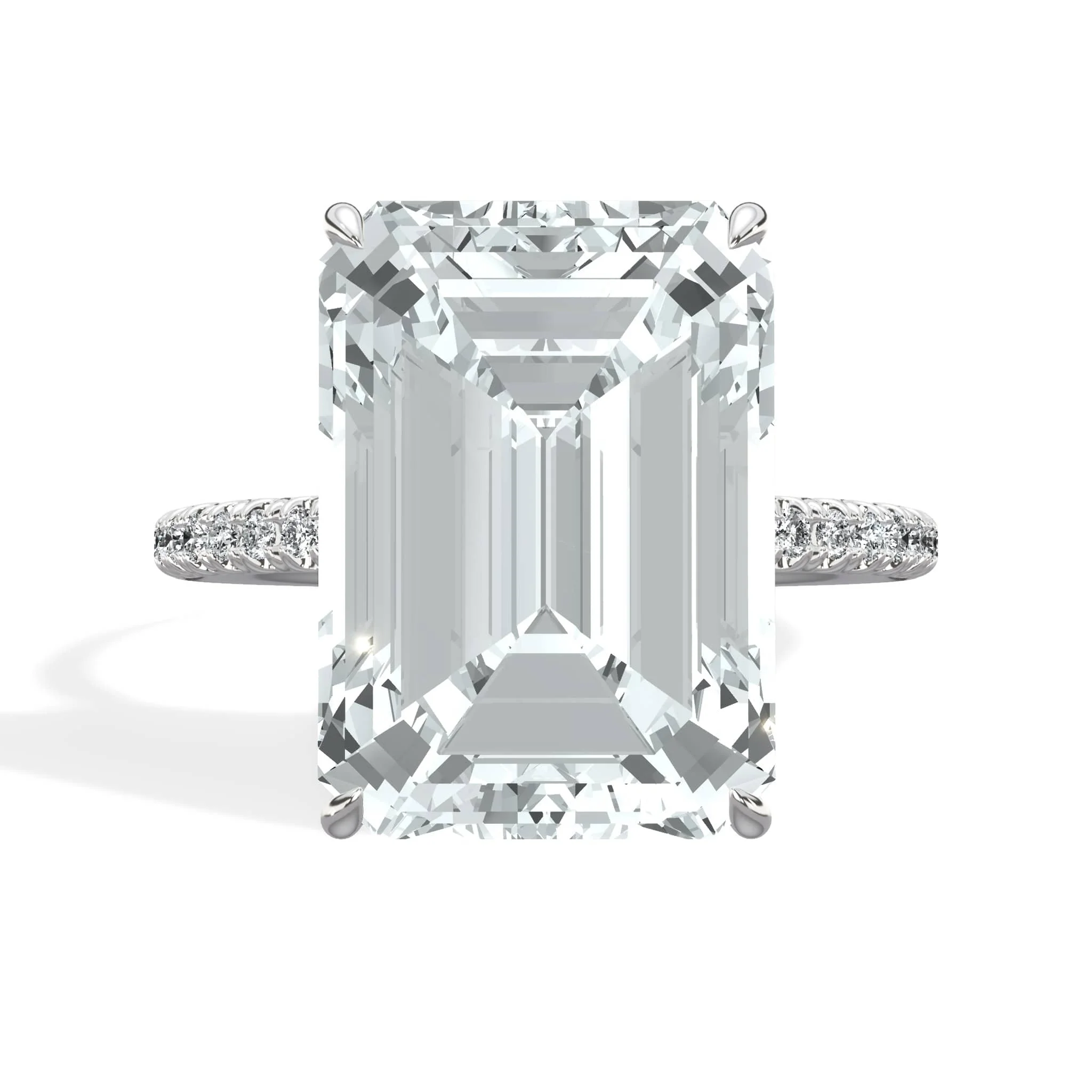 8.15 Carats Lab Grown Emerald Cut Micropaved Side Stones Hidden Halo Diamond Engagement Ring