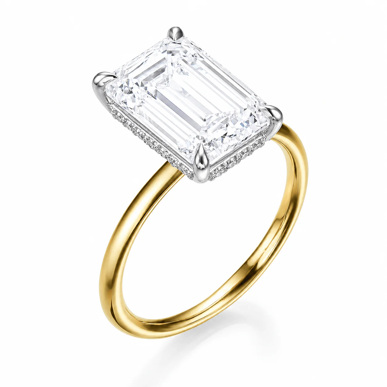 8.27 Carats Lab Grown Emerald Cut Two Tone Solitaire Hidden Halo Diamond Engagement Ring - Image 2
